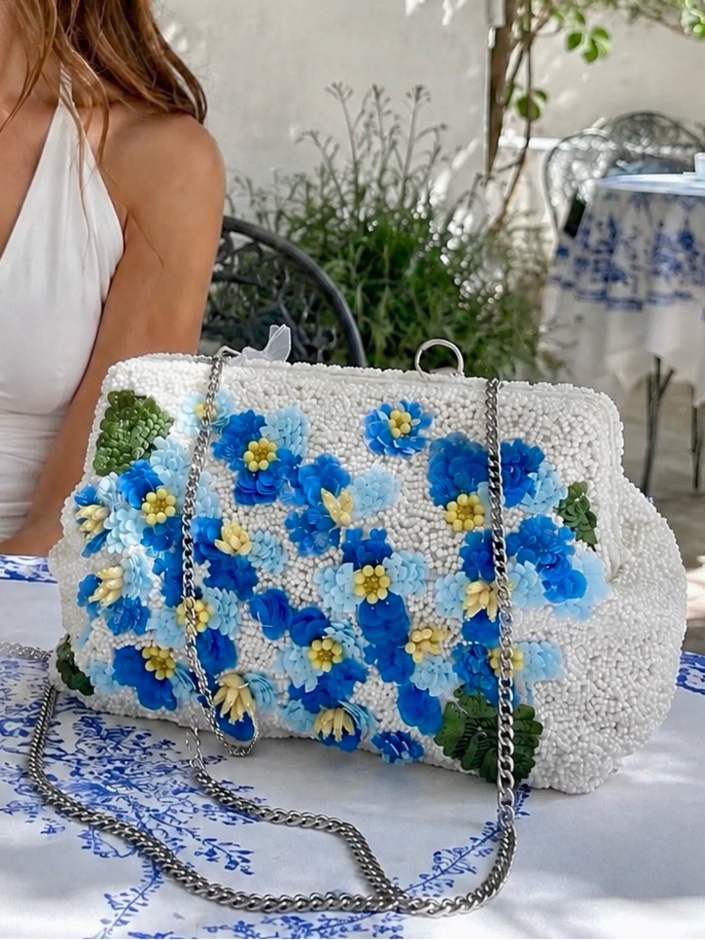 Handcrafted in India Beaded Floral Clutch Bag Blue White Sequin Flowers ChainNWT